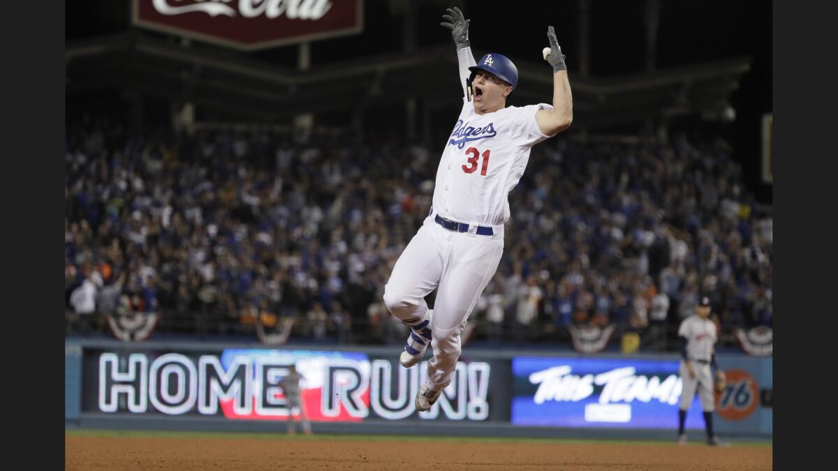Joc Pederson celebrates a home run in the seventh inning of Game 6 at Dodger Stadium.
