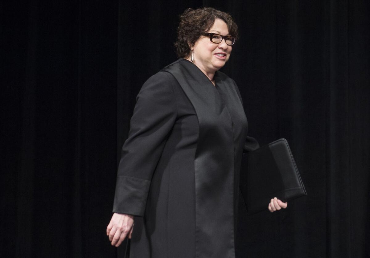 Supreme Court Justice Sonia Sotomayor in Washington on June 17. Representing the court, Sotomayor wrote there was "an intolerable risk that searches [would] be used as a pretext to harass hotel operators and their guests."