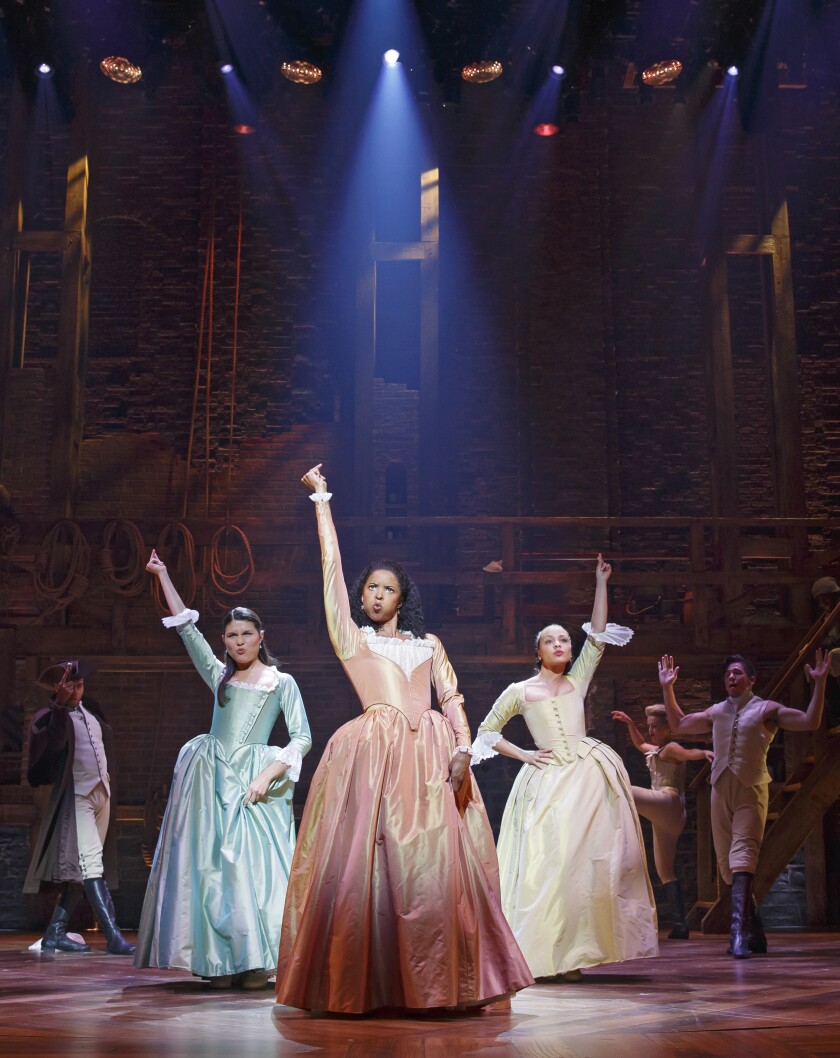 Elise Goldsberry, center, represents Angélica Schuyler alongside Phillipa Soo, left, and Jasmine Cephas Jones.