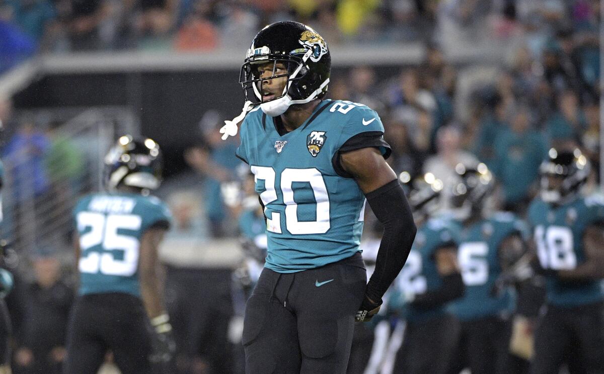 Jalen Ramsey reacts after a play during a Jaguars game against the Titans earlier this season.