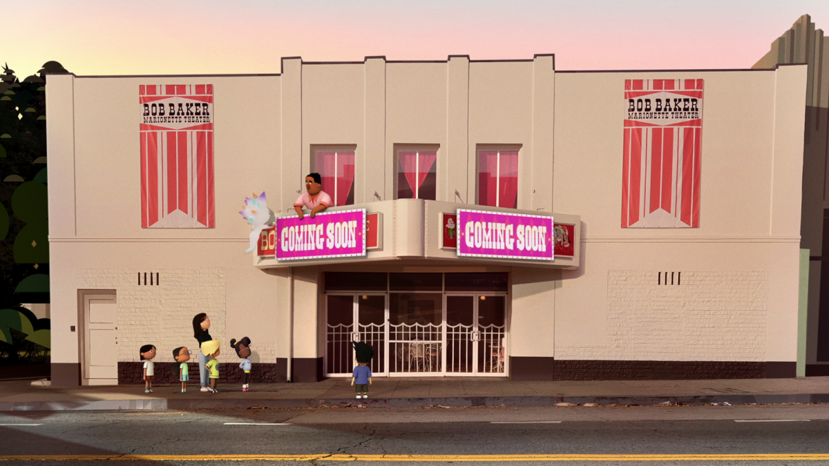 Animated figures stand outside a theater building.