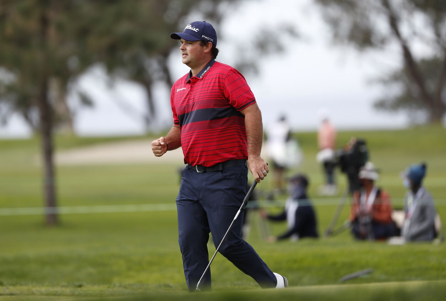 SAN DIEGO, CA - JANUARY 31: Patrick Reed celebrates an eagle putt on the 6th hole during final round of the Farmers Insurance Open at Torrey Pines on Sunday, Jan. 31, 2021 in San Diego, CA. (K.C. Alfred / The San Diego Union-Tribune)