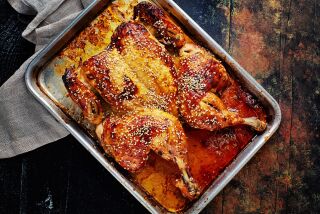 Butterflied roasted chicken with miso and sesame seeds is succulent and fragrant.