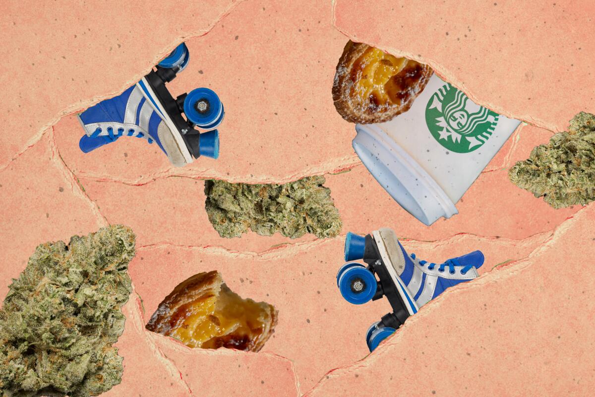 A collage with a Starbucks cup, roller skates, weed and egg bites. 