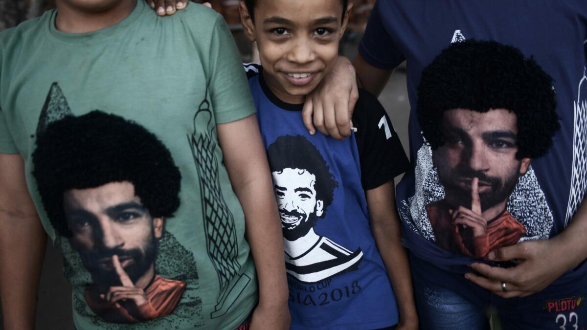 Egyptian soccer fans during Eid al-Fitr celebtrations, wearing Mohamed Salah shirts, before the Egypt-Uruguay match.
