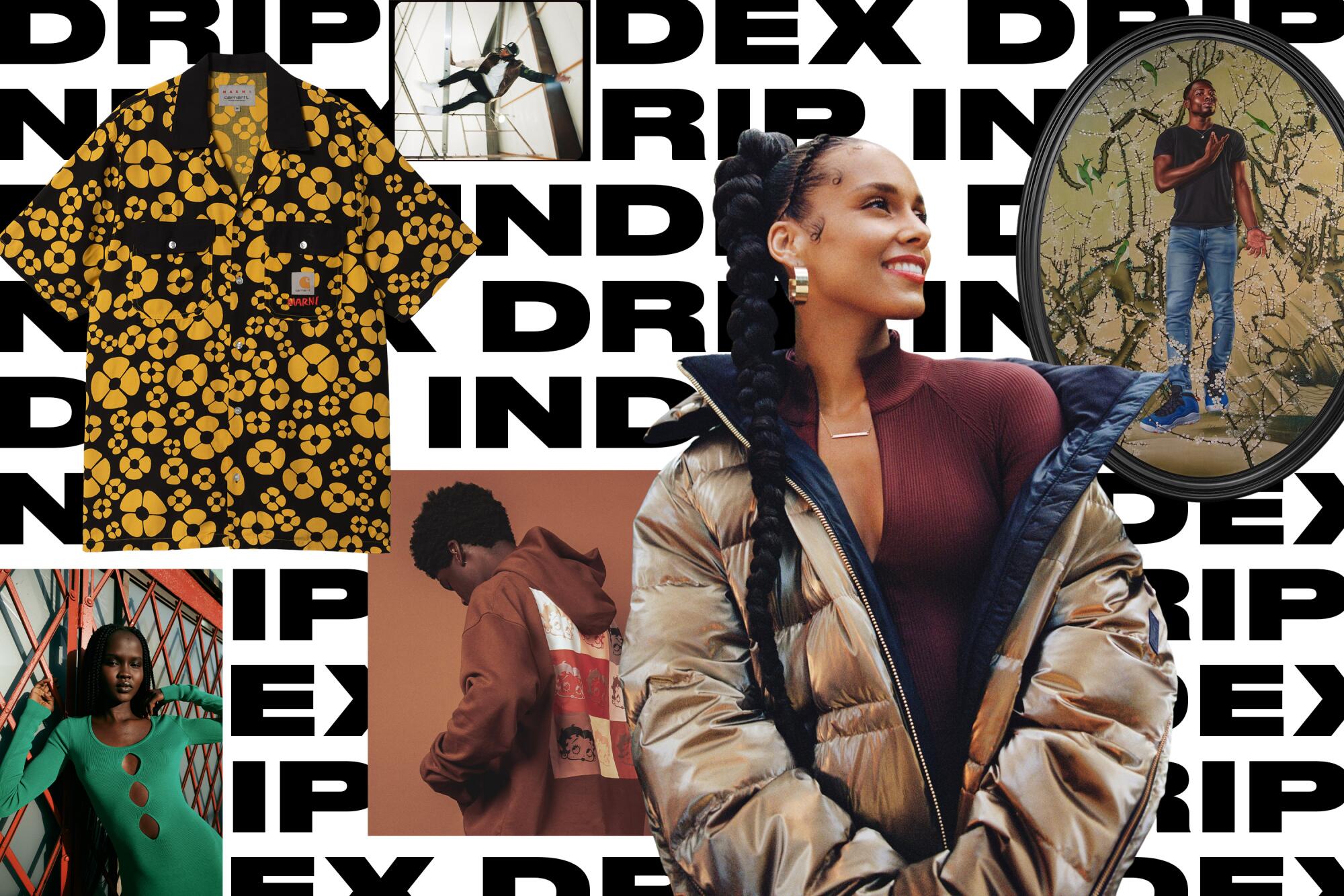 A collage features different fashion products on top of a pattern of the words "drip index"