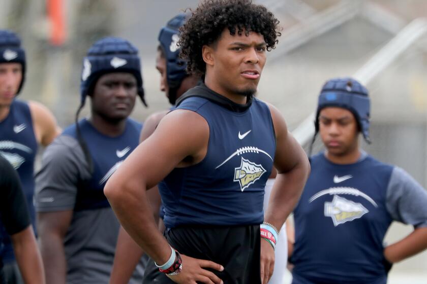 HUNTINGTON BEACH, CALIF. - JULY 3, 2021. St. John Bosco quarterback Pierce Clarkson competes in a seven-on-seven competition at Edison High School in Huntington Beach on Saturday, July 3, 2021. (Luis Sinco / Los Angeles Times)