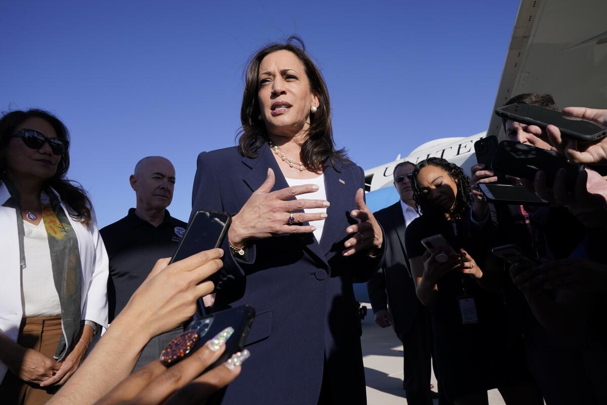 Vice President Kamala Harris talks to the press during her visit to El Paso, Texas, and the U.S.-Mexico border on June 25. 
