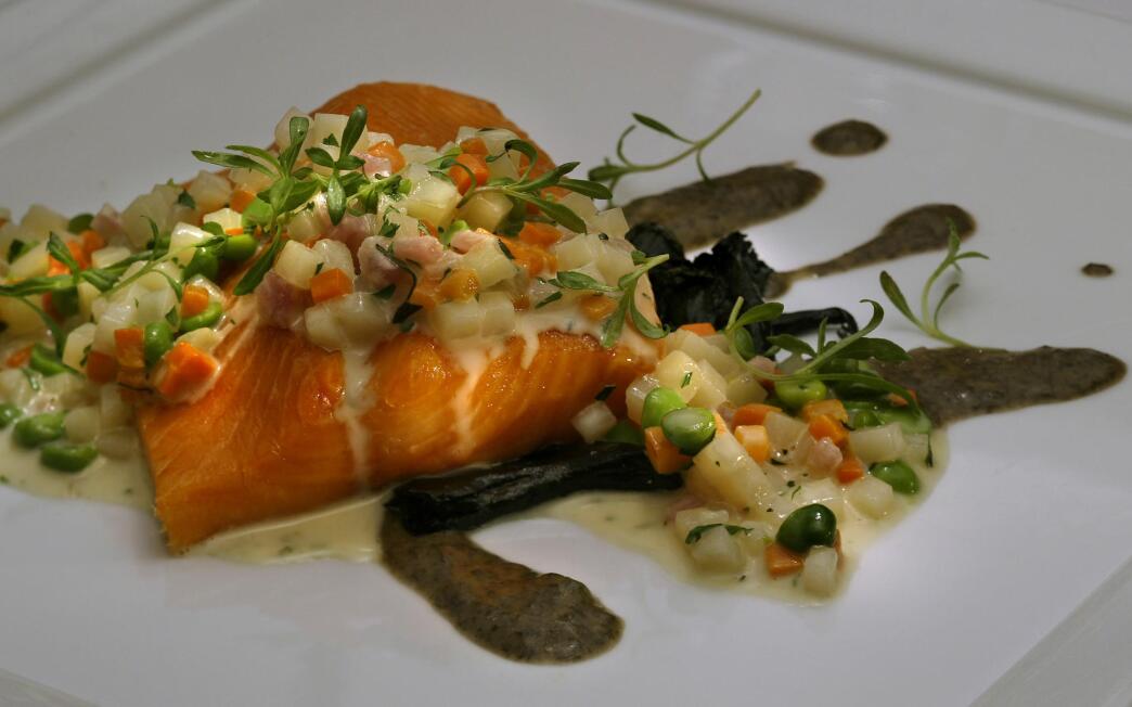 Slow-roasted arctic char with vegetable 'risotto'