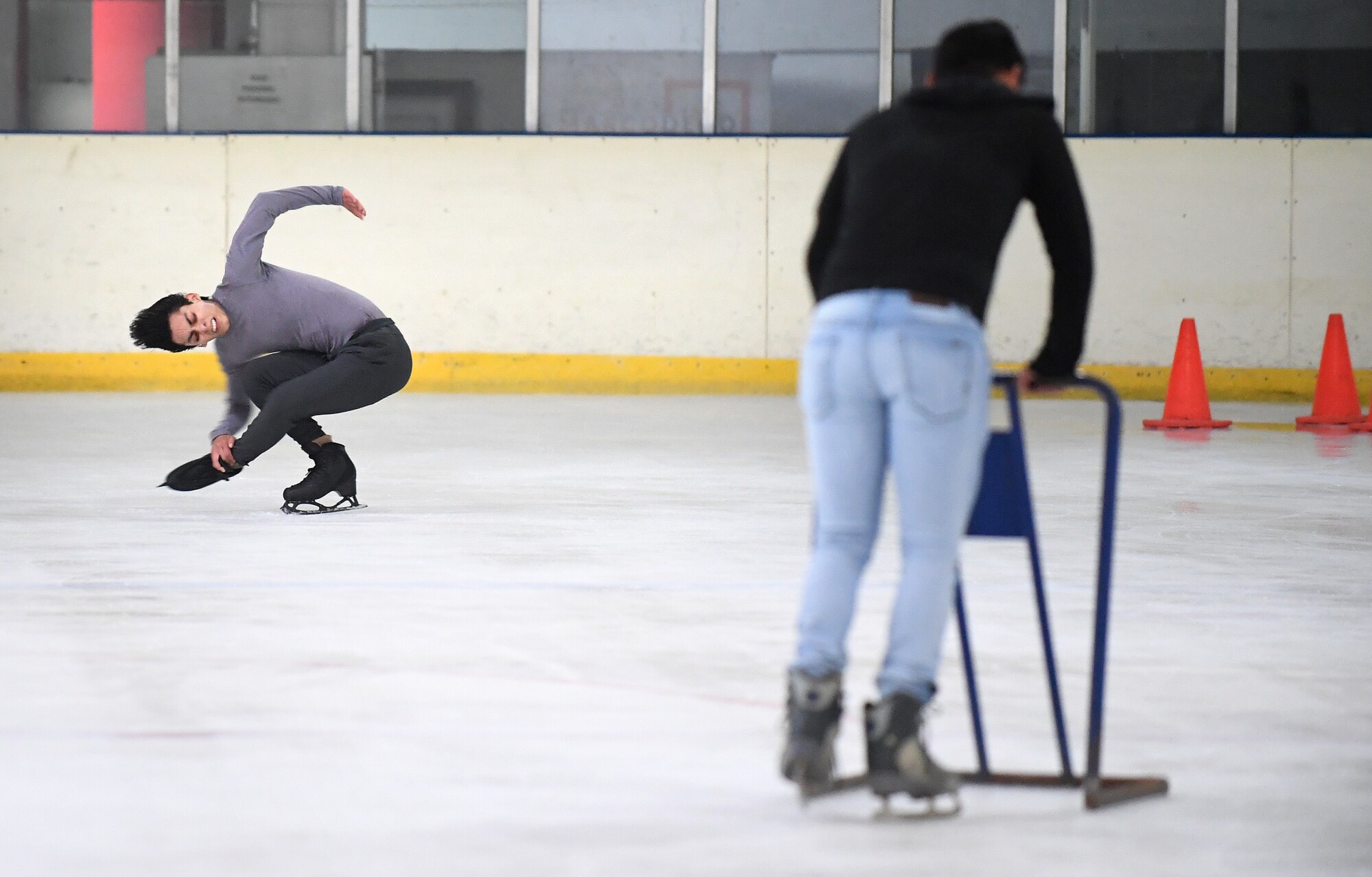 Mexican figure skater Donovan Carrillo shares the ice with beginners during practice
