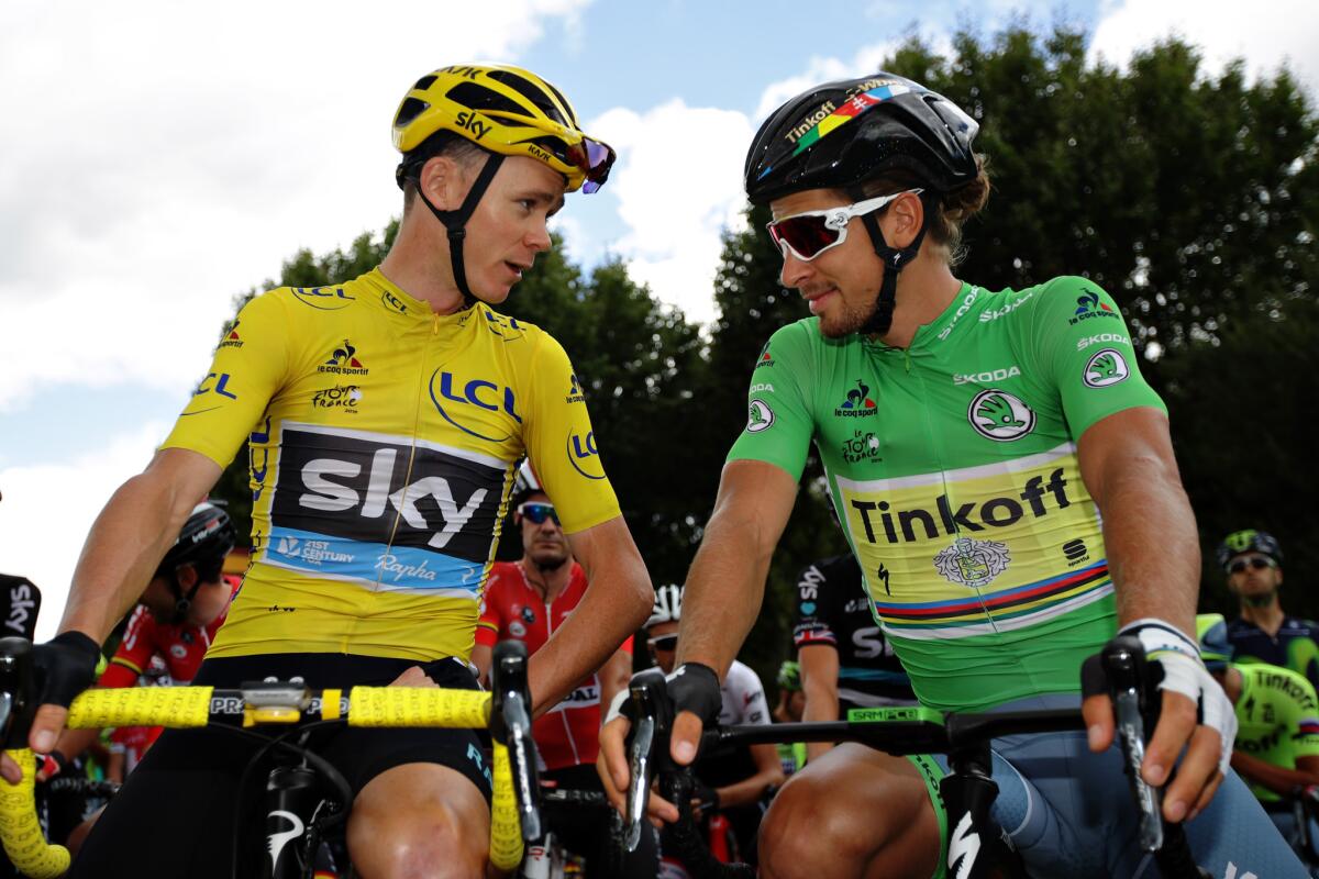 Chris Froome and Peter Sagan talk before Stage 11 of the Tour de France.