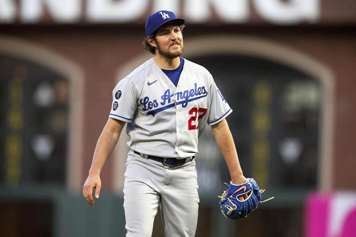 Dodgers pitcher Trevor Bauer is shown in a game against the San Francisco Giants in May 2021.