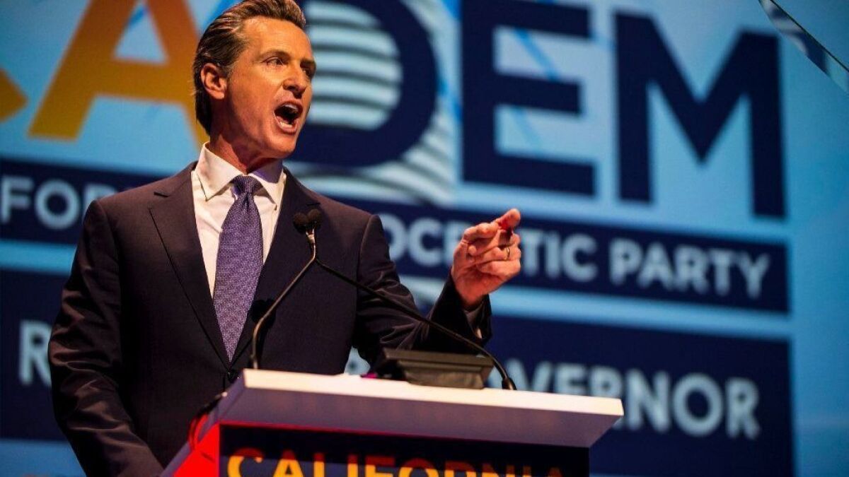 Gavin Newsom speaks at the California Democrats' state convention in San Diego on Feb. 24.