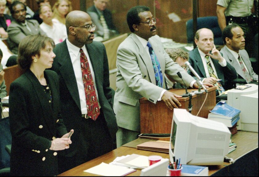 From left, prosecutors Marcia Clark and Christopher Darden, defense attorneys Johnnie Cochran Jr. and Robert Blasier and defendant O.J. Simpson at the latter's trial on Aug. 15, 1995 in Los Angeles.