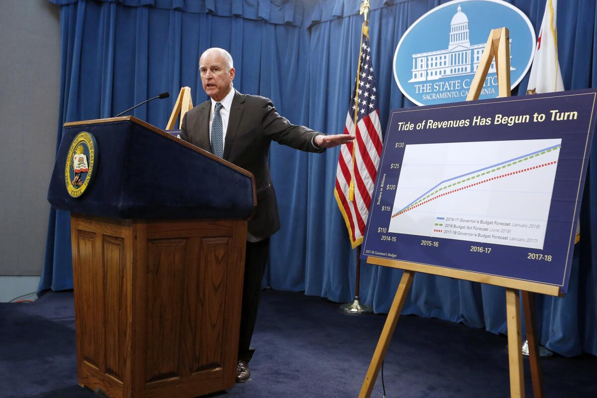 Gov. Jerry Brown unveiling his state budget on Tuesday.
