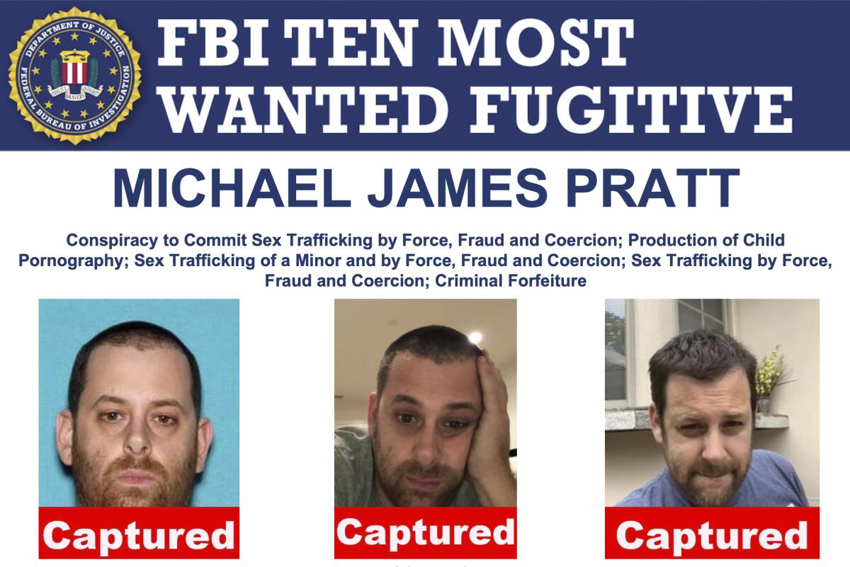An FBI poster showing three photographs of Michael James Pratt