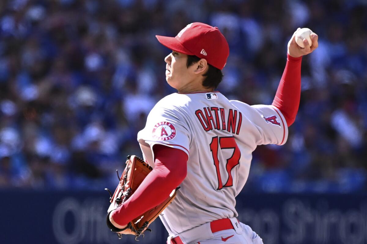 Angels starter Shohei Ohtani pitches during the first inning Aug. 27, 2022, at Toronto. 