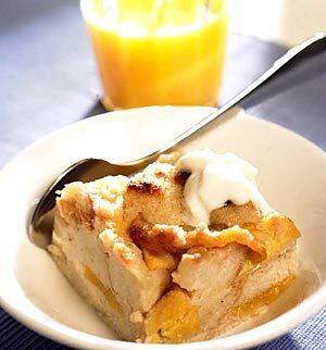 Peach and buttermilk bread pudding with golden raisins