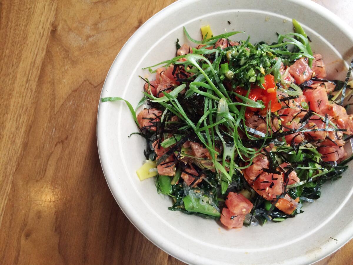 Orsa & Winston is serving grain bowls for lunch. Pictured is a seafood crudo bowl with kelp noodles.