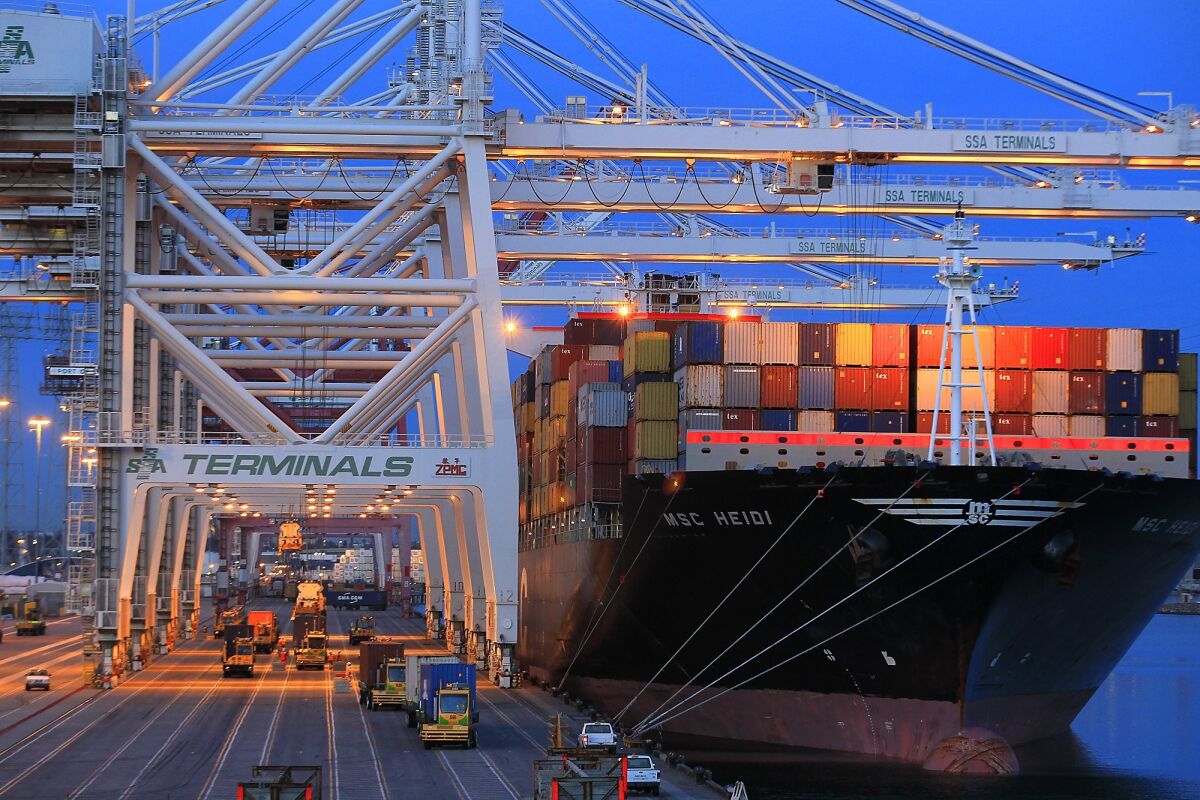 A cargo ship at the Port of Long Beach.