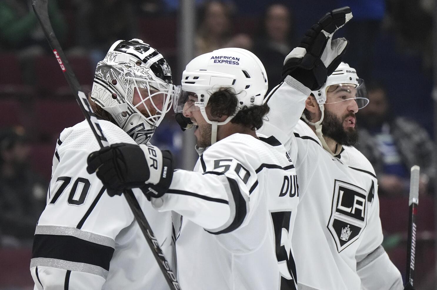 Joonas Korpisalo of the Los Angeles Kings protects the goal during