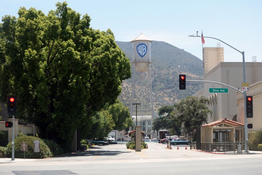 LOS ANGELES, CA - JUNE 02: The Warner Bros Studio iconic water tower is seen from the street in Burbank on Wednesday, June 2, 2021 in Los Angeles, CA. This is in their corporate headquarters. (Dania Maxwell / Los Angeles Times)