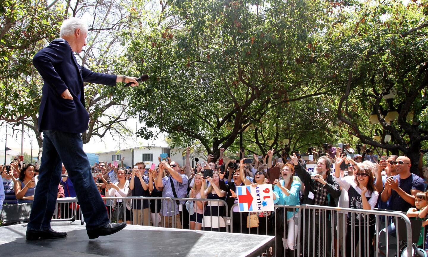 Former president Bill Clinton greets the crowds as he arrives to talk outside the Olive Recreation Center in Burbank on Friday, June 3, 2016. Clinton talked about why voters should go out and vote for his wife, presidential candidate Hillary Clinton.