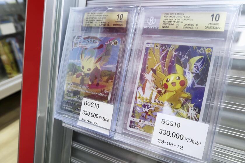 Pokemon cards are on display for sale at a shop in Tokyo, June 19, 2023. A senior member of yakuza was arrested for allegedly stealing Pokemon cards near Tokyo in April 2024, a case seen as an example of Japanese organized crime groups struggling with declining membership. (Kyodo News via AP)