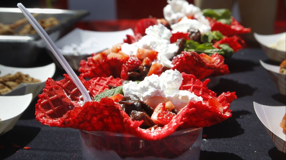 DEL MAR, May 16, 2018 | Chocolate pasta with strawberries, hazelnut sauce, topped with whip cream in a waffle cone bowl, made by Chicken Charlie's, sit ready to eat at the Chicken Charlie's booth during a press conference put on by the San Diego County Fair showing various types of new food that will be at the fair this year at the Del Mar fairgrounds in Del Mar on Wednesday. | Photo by Hayne Palmour IV/San Diego Union-Tribune/Mandatory Credit: HAYNE PALMOUR IV/SAN DIEGO UNION-TRIBUNE/ZUMA PRESS San Diego Union-Tribune Photo by Hayne Palmour IV copyright 2017