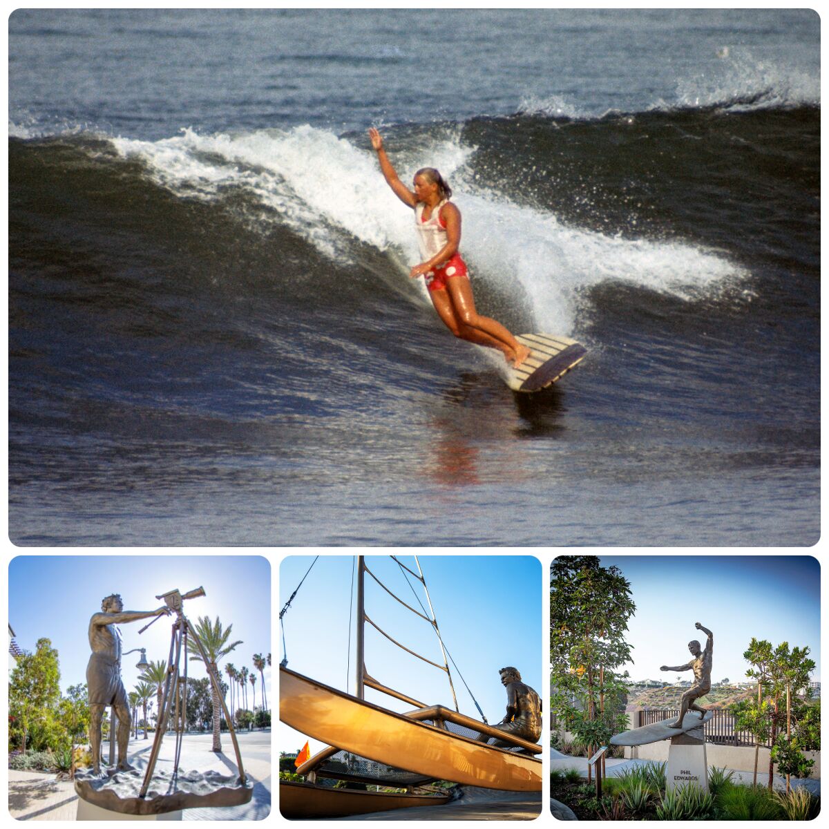A collage of a woman surfing and three statues.