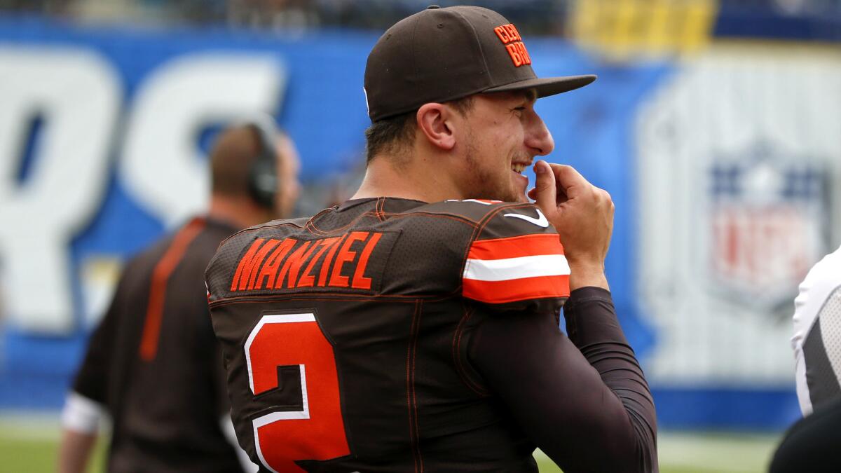 Reserve quarterback Johnny Manziel watches the Browns play the Chargers on Oct. 4 in San Diego.