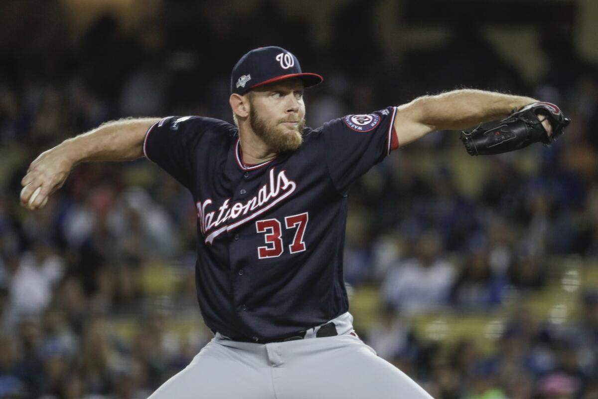 Washington Nationals starting pitcher Stephen Strasburg (37) in the second inning against the Dodgers in game two of the National League Division Series at Dodger Stadium. (