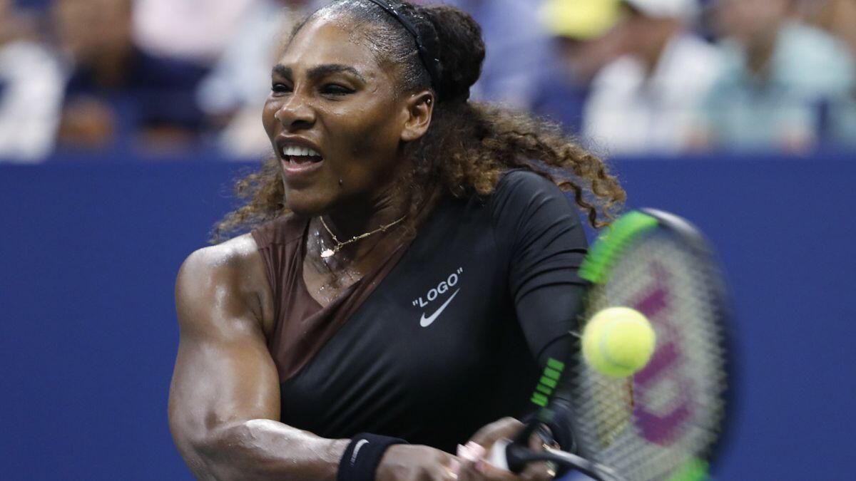 Serena Williams hits a backhand to Karolina Pliskova during the quarterfinals of the U.S. Open on Tuesday in New York.