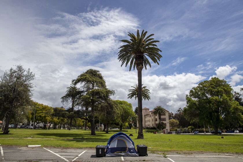 LOS ANGELES, CA - APRIL 08: Homeless veterans are setting up camp in a VA parking lot in on Wednesday, April 8, 2020 in Los Angeles, CA. (Brian van der Brug / Los Angeles Times)