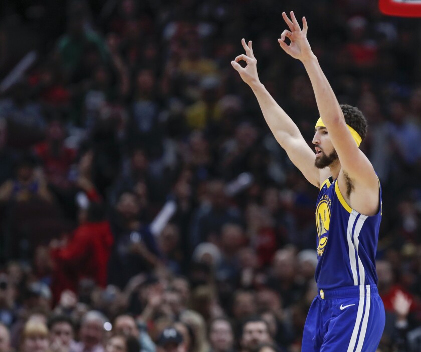Warriors guard Klay Thompson has done considerably less celebrating this season after shooting a three-pointer.