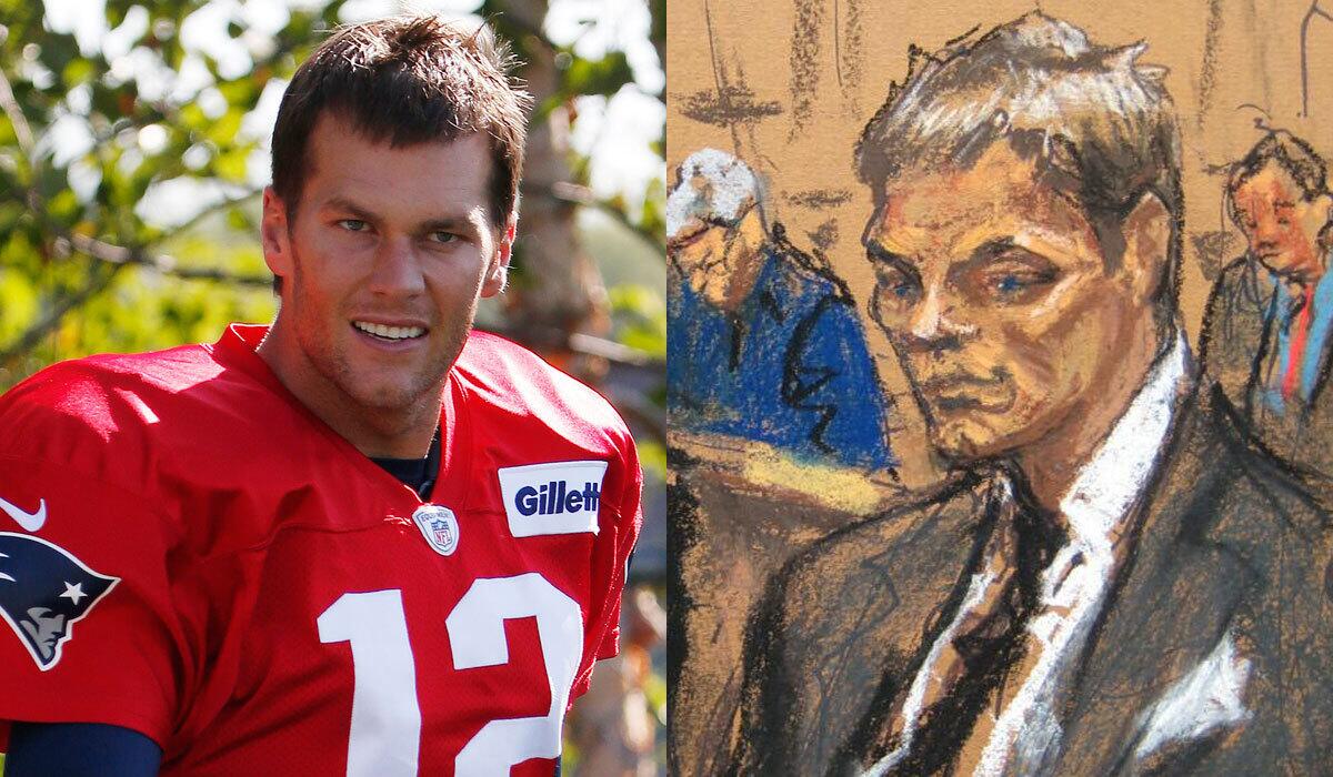 New England Patriots quarterback Tom Brady, in real life and as seen in court back in 2015.