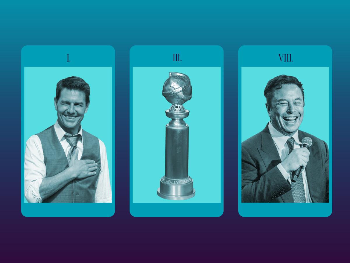 a three-card spread with images of two men and a Golden Globe statue