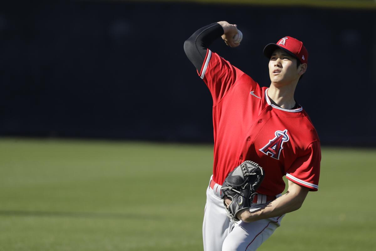 Angels pitcher Shohei Ohtani throws during a spring training practice session on Thursday.