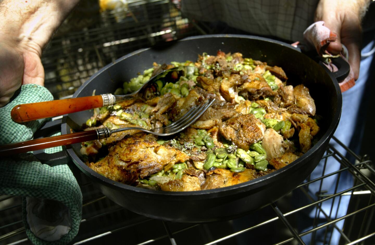 Stew of quick duck confit and fresh fava beans