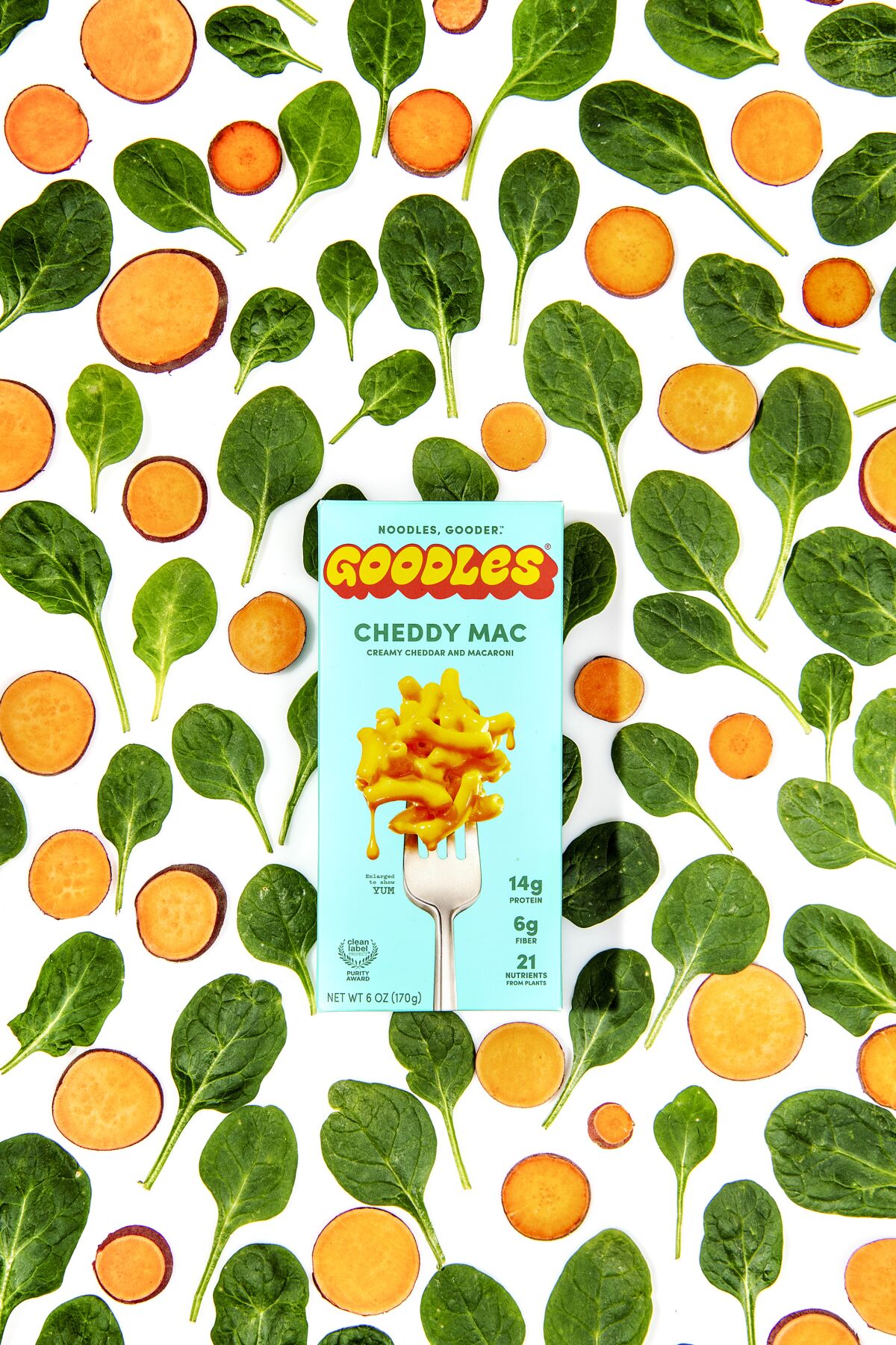 Goodles Cheddy Mac with hidden spinach and sweet potato in every box.