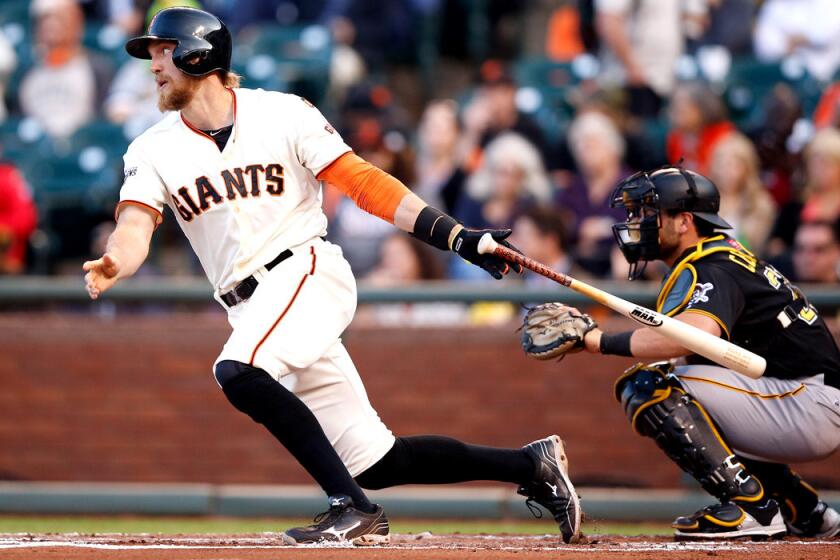San Francisco Giants right fielder Hunter Pence hits a single against the Pittsburgh Pirates on June 2. Pence was placed on the 15-day disabled list because of a sore left wrist.