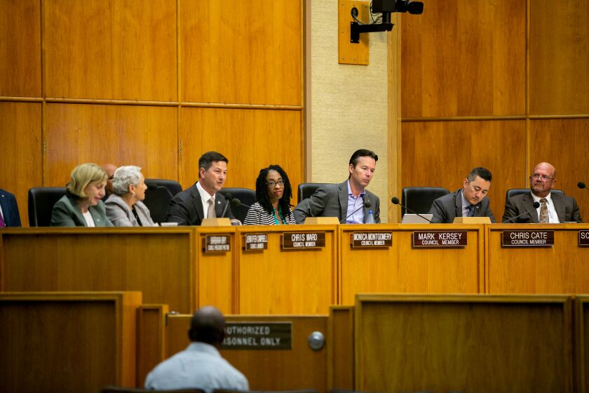 San Diego City Councilmembers appear at a meeting on August 6, 2019 in San Diego, California.