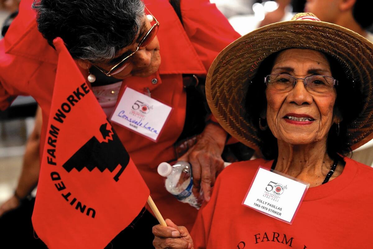 Polly Cardona Pasillas, 88, a striker from 1965 to 1970, wears the color of the United Farm Workers at the 50th anniversary of the grape strike in Delano.