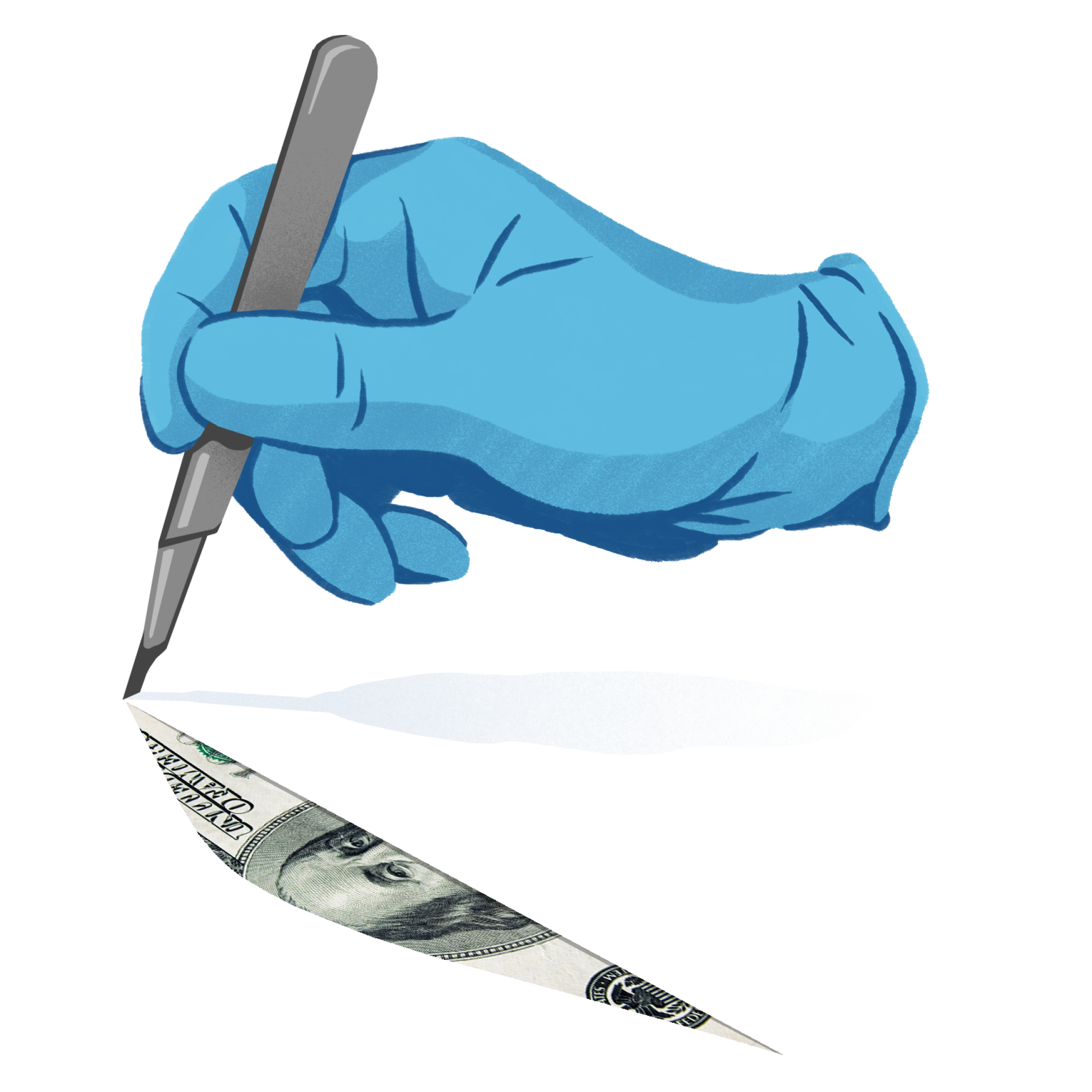 Conceptual illustration shows surgeon's scalpel revealing money