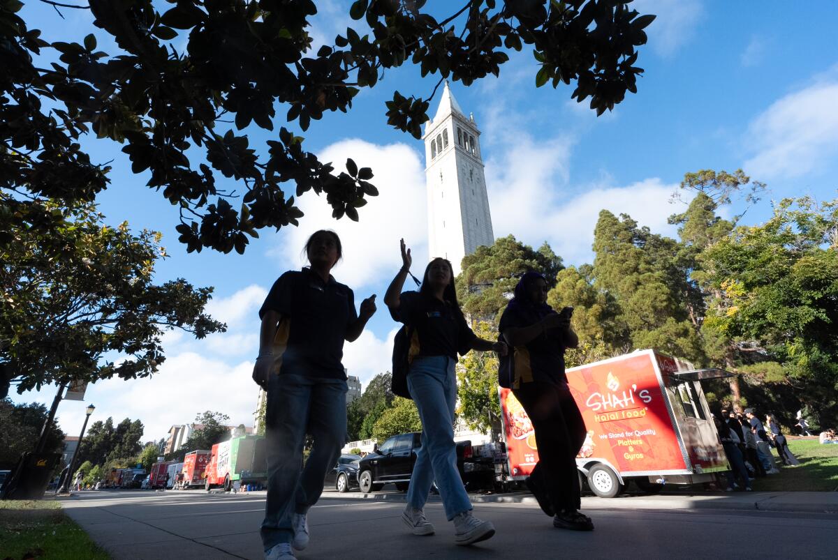 Students walk near UC Berkeley Campanile Clock Tower at UC Berkeley last month.