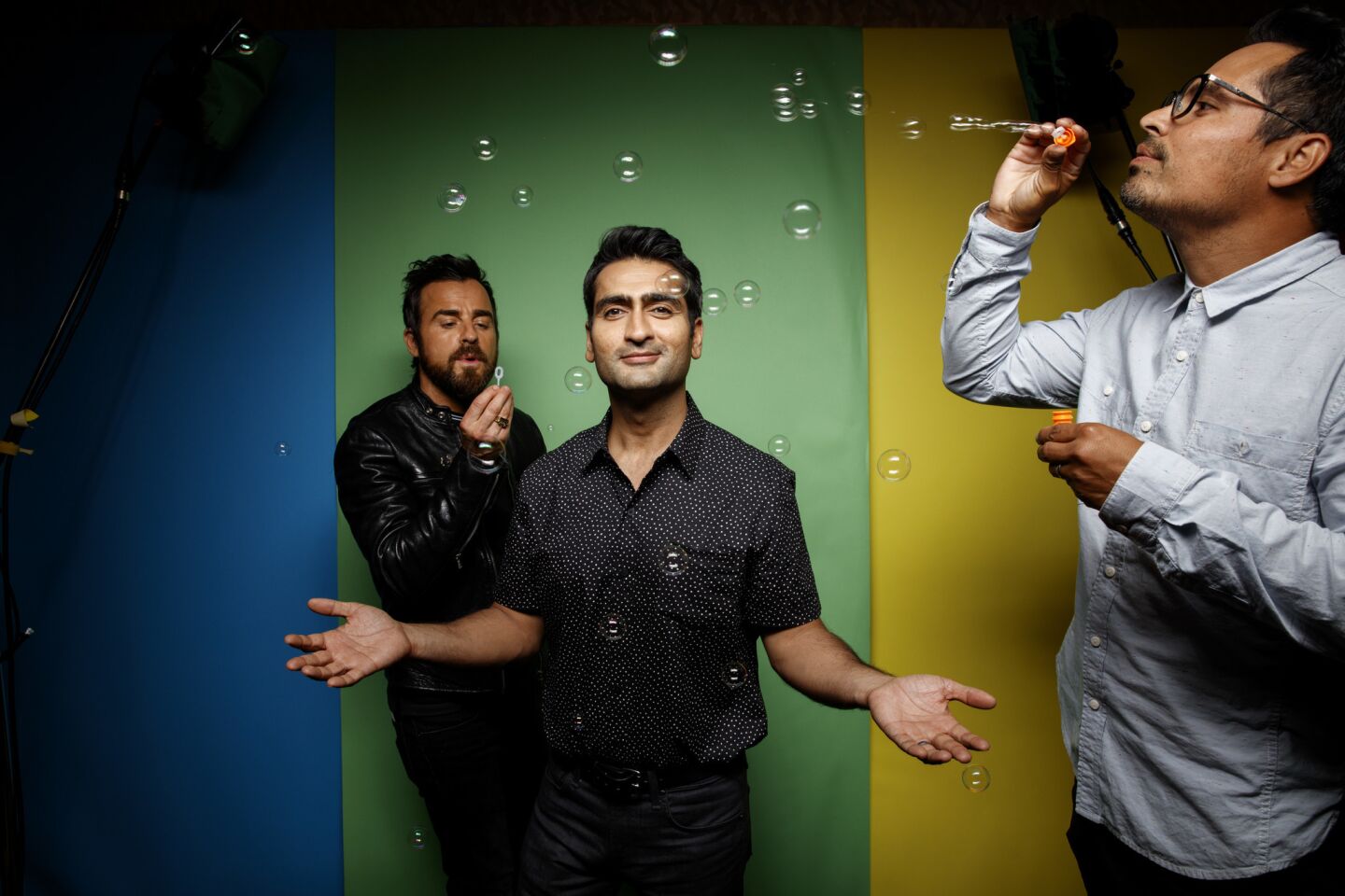 Justin Theroux, Kumail Nanjiani, and Michael Pena, from the film "The Lego Ninjago Movie," photographed in the L.A. Times photo studio at Comic-Con 2017.