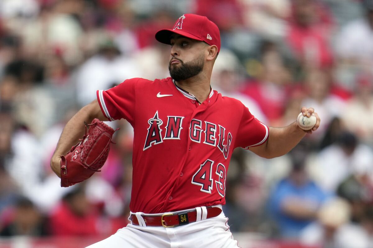 Angels starting pitcher Patrick Sandoval plays against the Miami Marlins in the fifth inning on Sunday.
