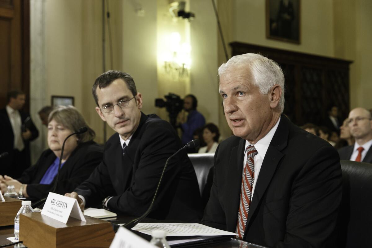 Richard J. Griffin, right, acting inspector general for the Department of Veterans Affairs, testifies on Capitol Hill. Debra Draper of the Government Accountability Office, left, and VA Assistant Deputy Undersecretary Philip Matkovsky also attended the hearing.