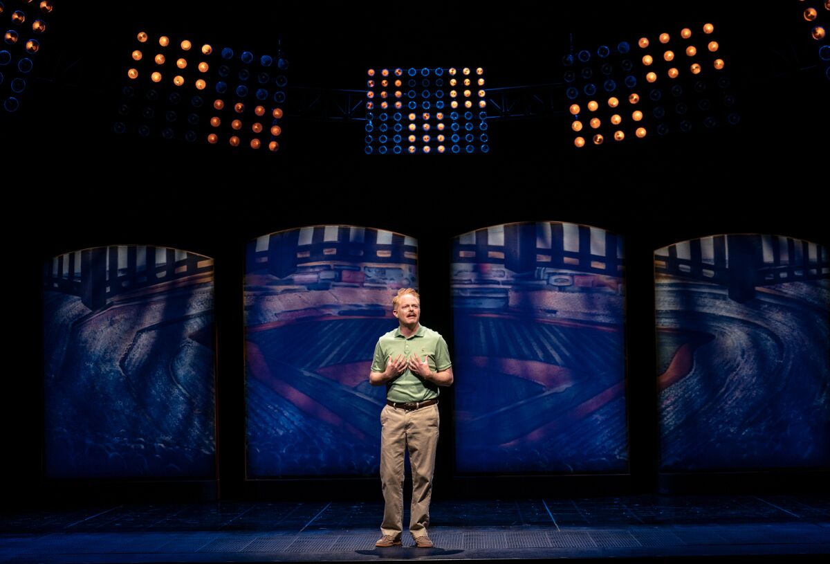 This image released by Polk & Co. shows Jesse Tyler Ferguson during a performance of the Broadway revival of the baseball-themed "Take Me Out," in New York. (Joan Marcus/Polk & Co., via AP)