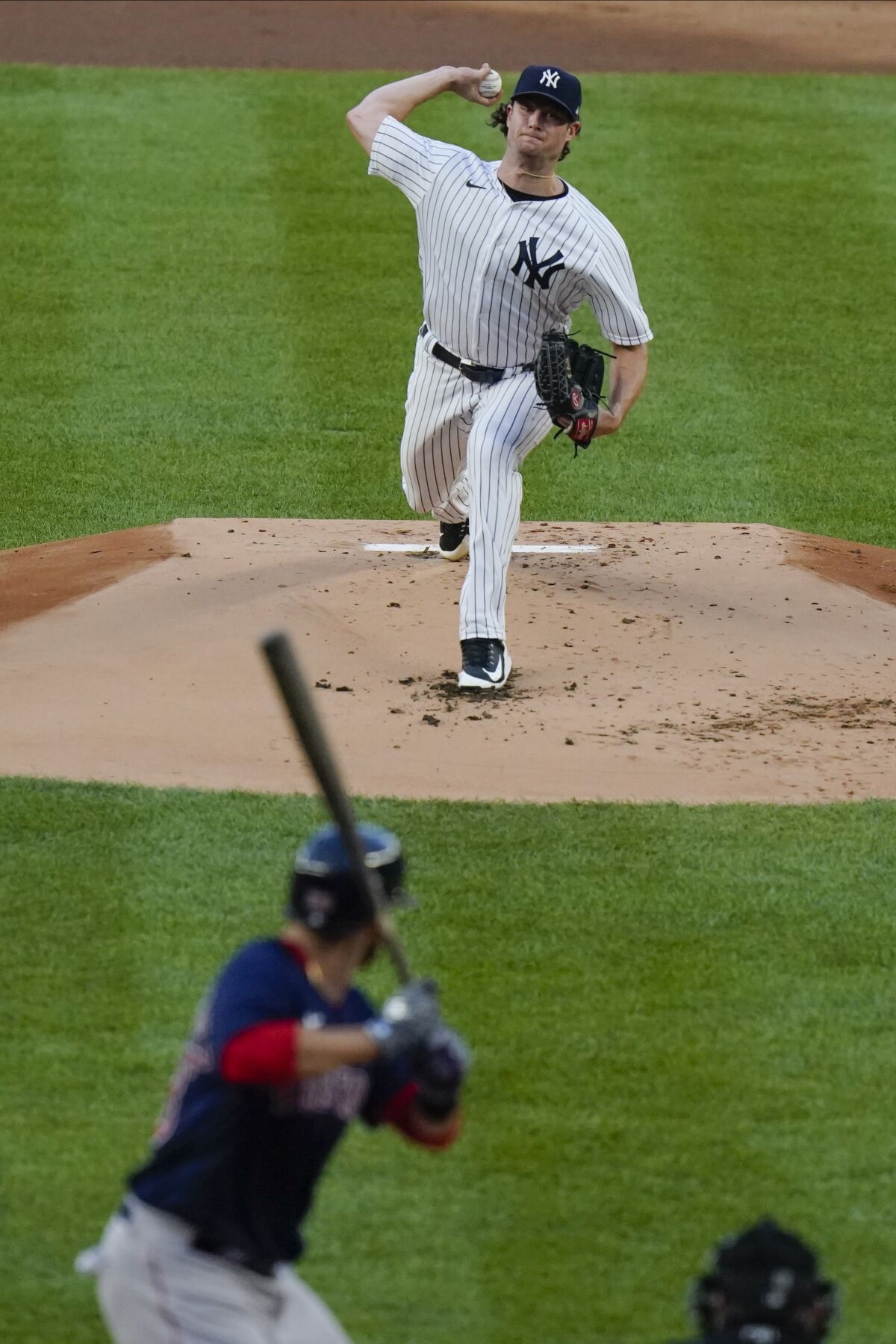 New York Yankees' Gerrit Cole delivers a pitch during the first inning of a baseball game against the Boston Red Sox Friday, Aug. 14, 2020, in New York. (AP Photo/Frank Franklin II)